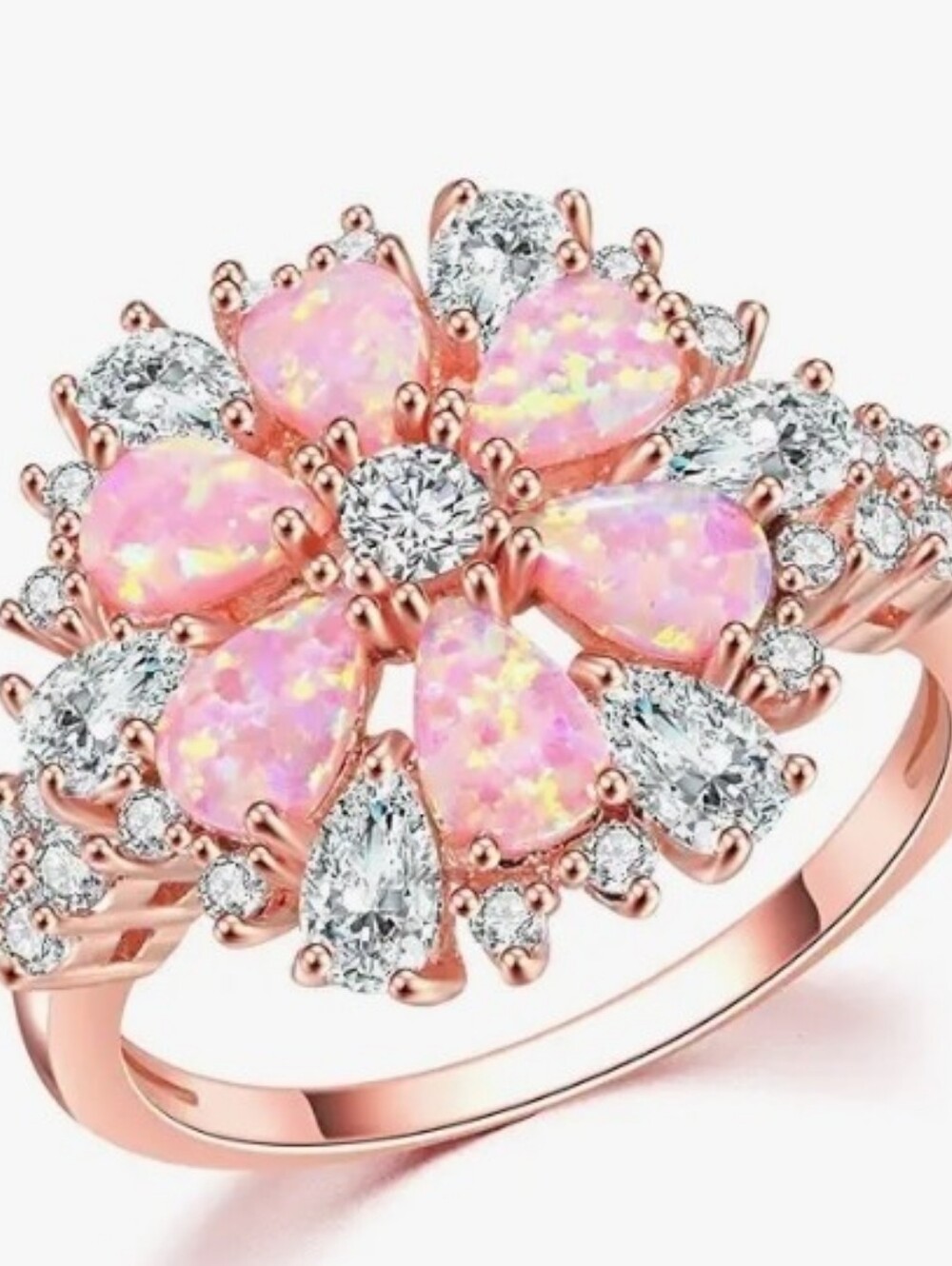 Rose Gold Pink Opal Floral Halo Ring - Brand Not Specified